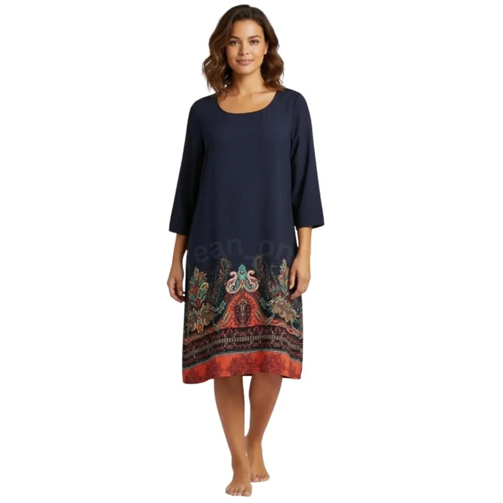 Bebop Women's Navy Blue/Multicolor 3/4 Sleeve Paisley Print Shift Dress Sz Large